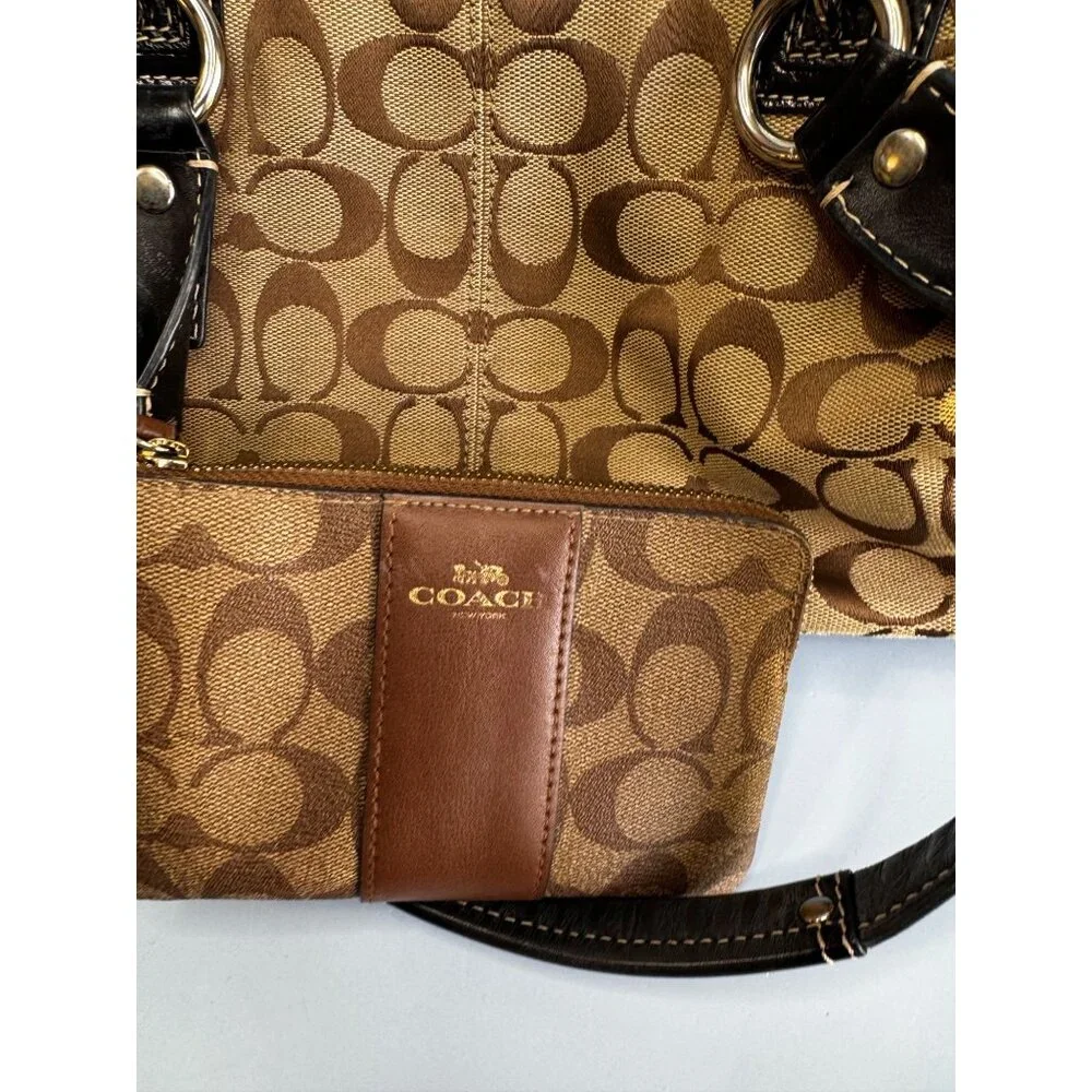 Coach Signature C Tote Bag Khaki Brown Black Leather Trim With Wristlet F14686 - Picture 2 of 8
